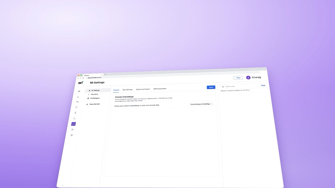 OriServe MI Settings. The recording opens on domain embeddings, turns on the intent classifier, entity extraction, sentiment detection, the FAQ model, and spell correction, then tests “Book a flight to Delhi tomorrow” and shows intent book_flight, the entity Delhi as a city, and a neutral sentiment.